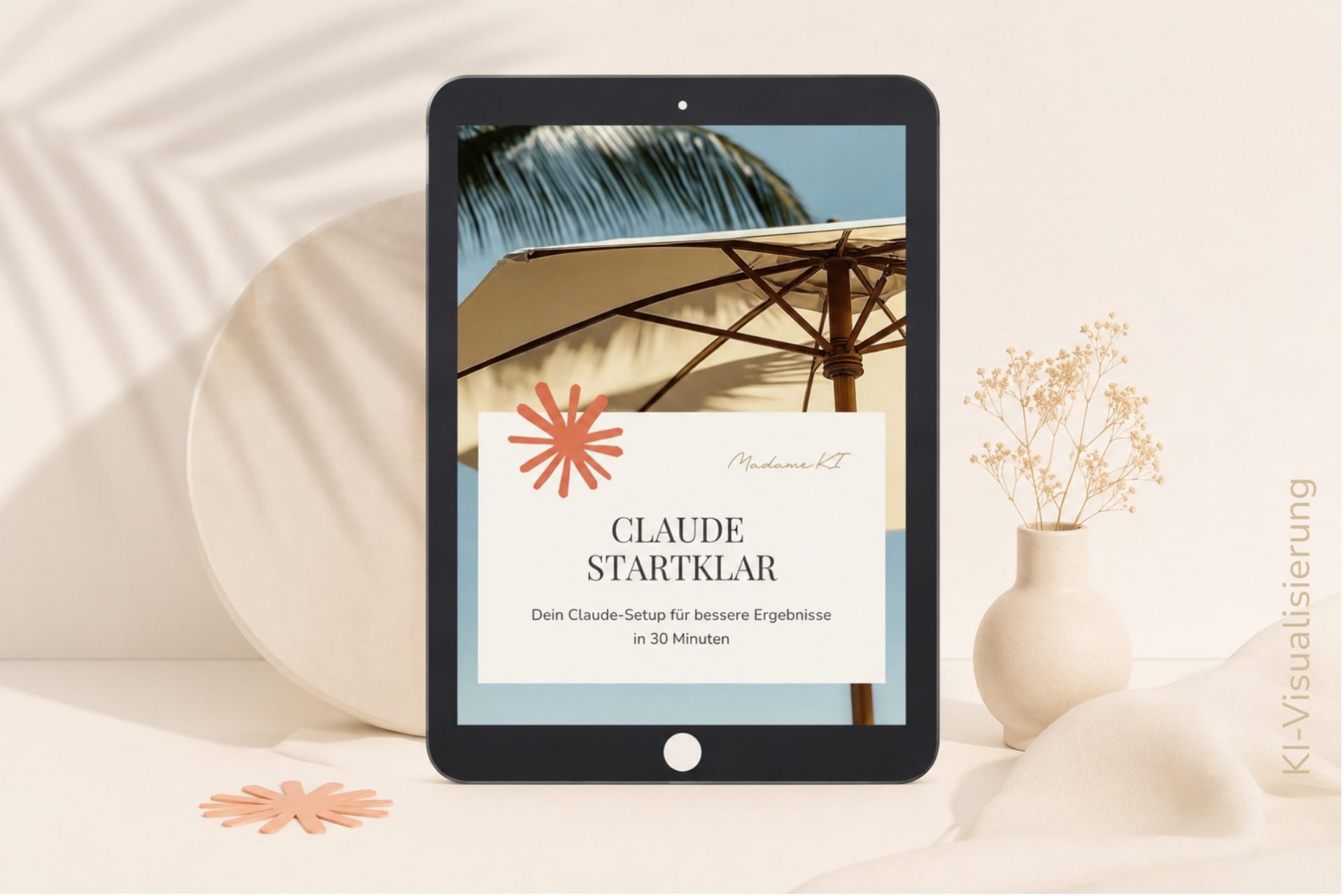 Setup-Guide Claude Startklar von Madame KI auf einem Tablet. Mit KI erstellte Visualisierung.