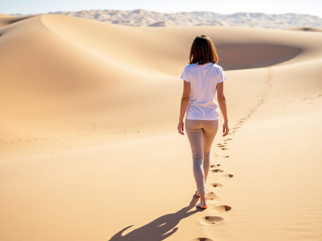 Frau geht barfuß durch die Wüste und hinterlässt Spuren – Symbol für den persönlichen KI-Weg im Business mit Madame KI.