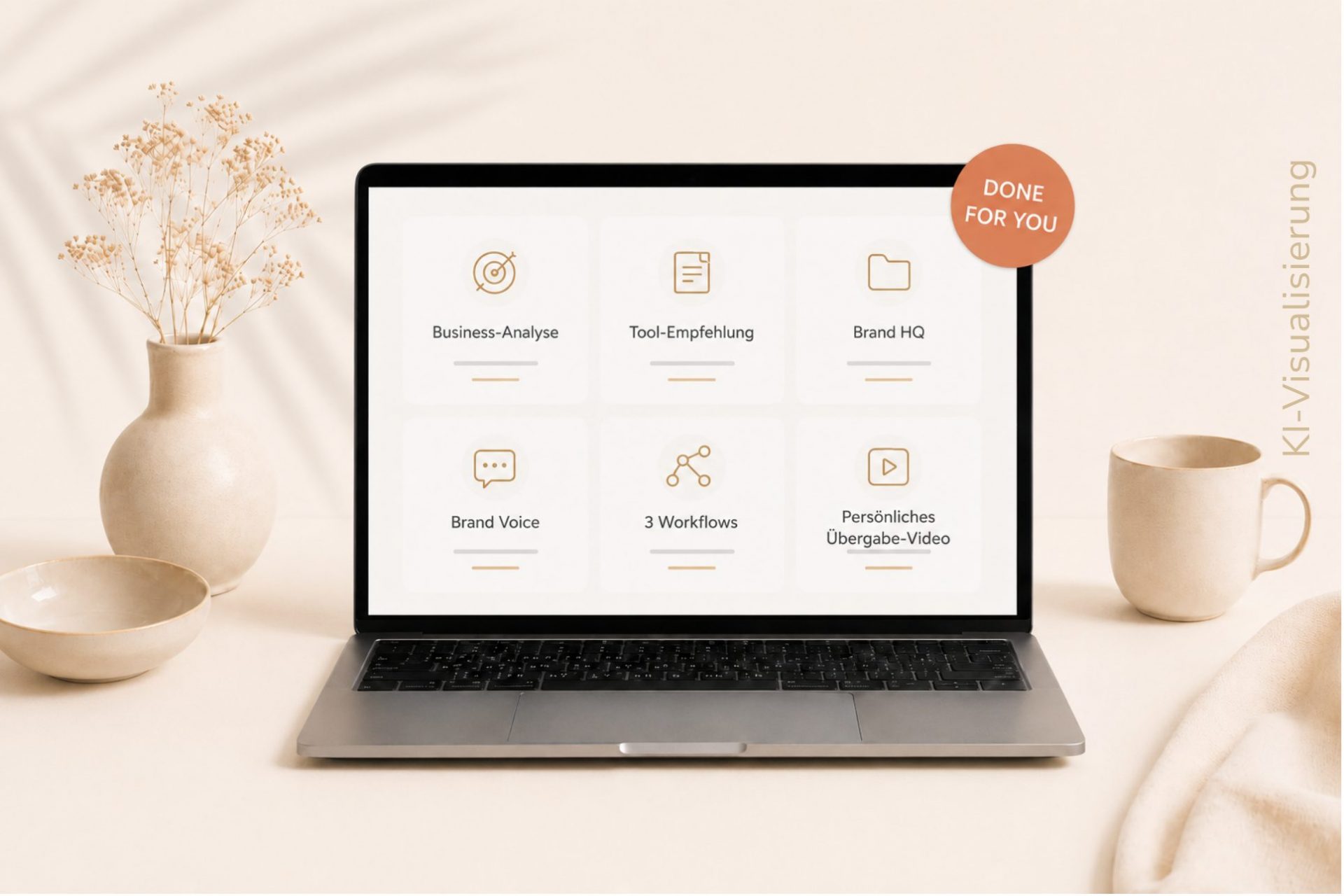 Dein KI-Business-System von Madame KI auf einem Laptop, mit Business-Analyse, Brand Voice und drei Workflows. Mit KI erstellte Visualisierung.