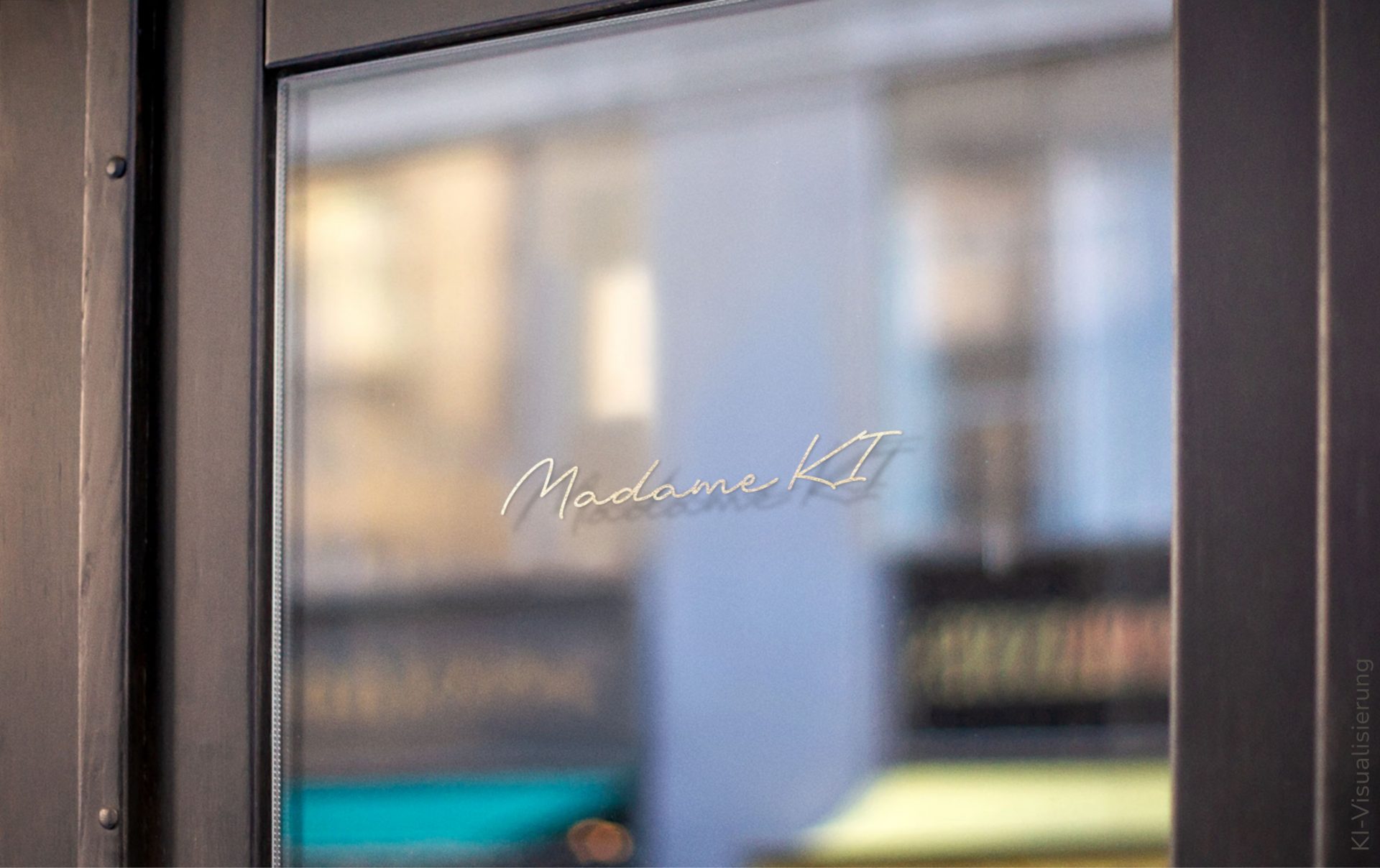 Goldener Madame KI Schriftzug auf einer spiegelnden Glasscheibe