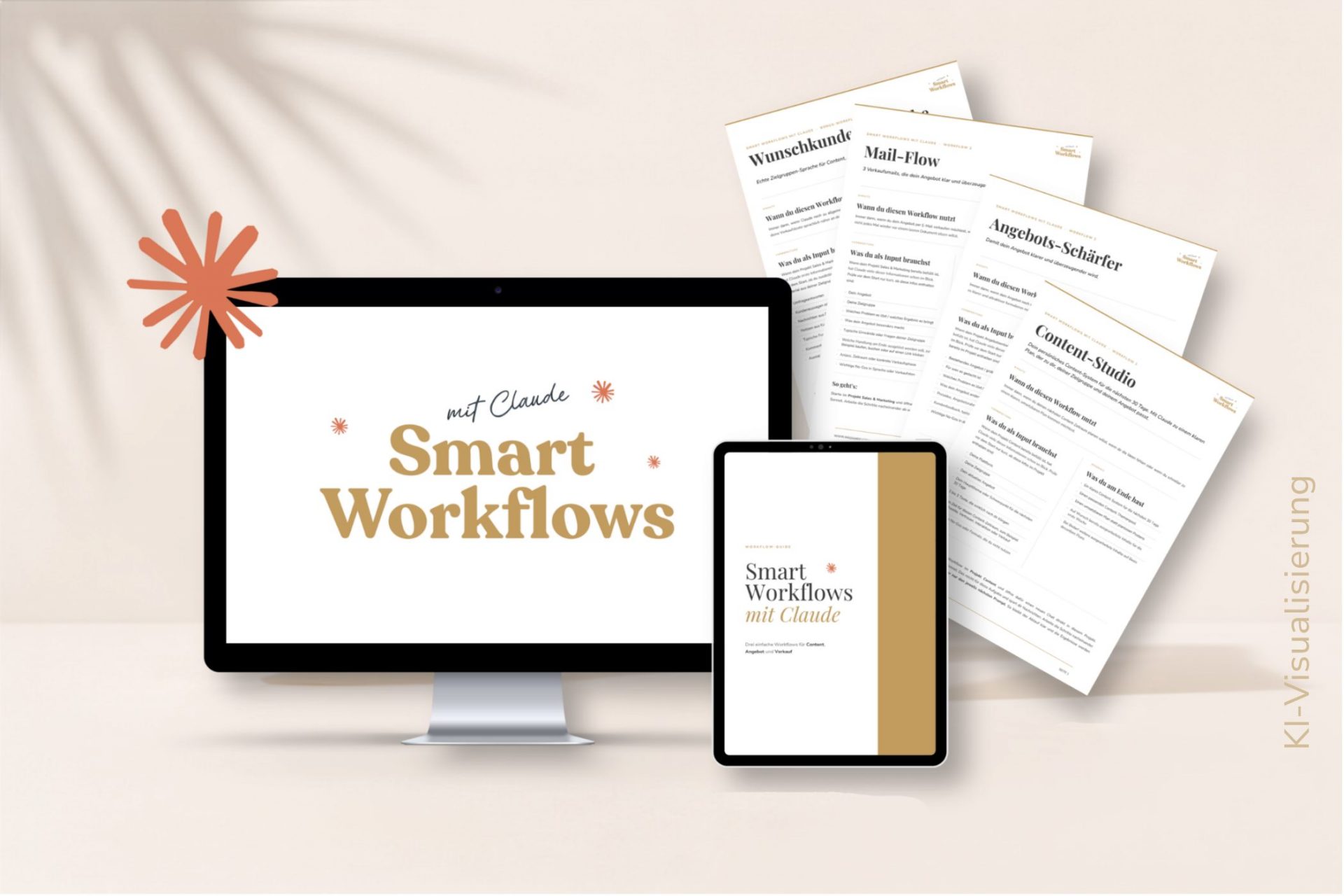 Workflow-Guide Smart Workflows mit Claude auf Monitor und Tablet, daneben die vier Workflow-Blätter. Mit KI erstellte Visualisierung.