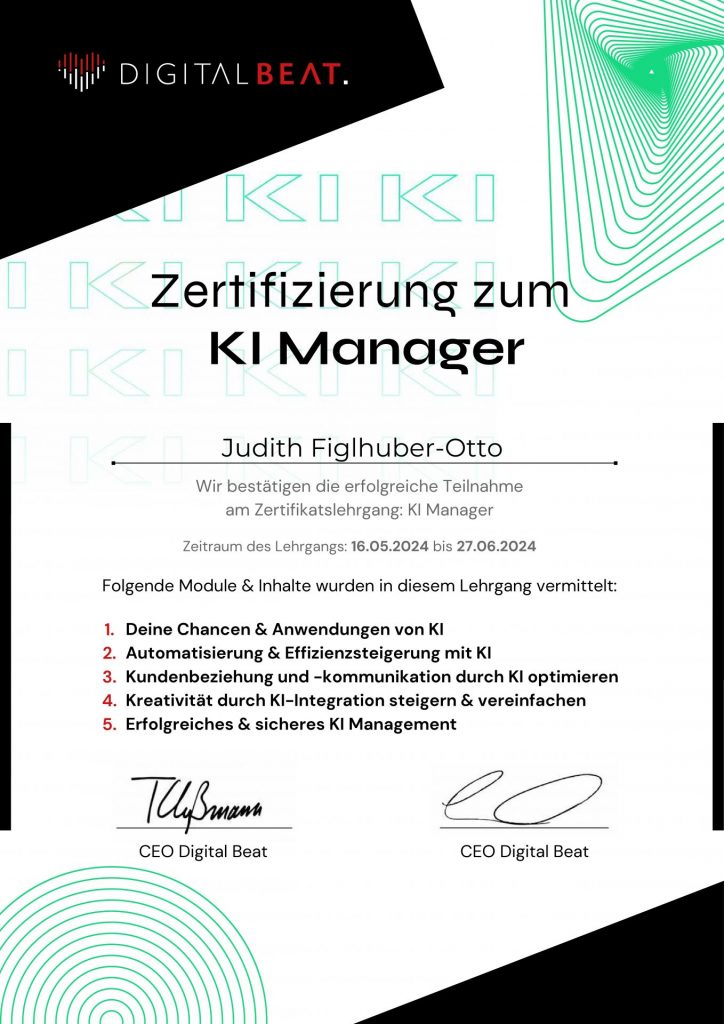 Zertifikat zur KI-Managerin von Judith Figlhuber-Otto, Digital Beat, 2024